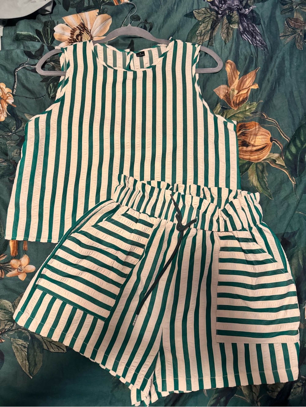 Striped Two-Piece Tank & Shorts Set - Green and White